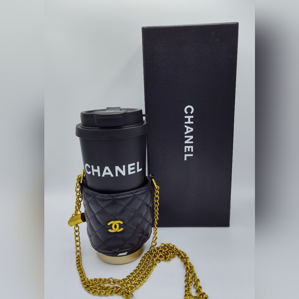 CHANEL GWP Black Gold Travel Mug  Quilted Vegan Leather Holder NIB Gift Set - Picture 2 of 5